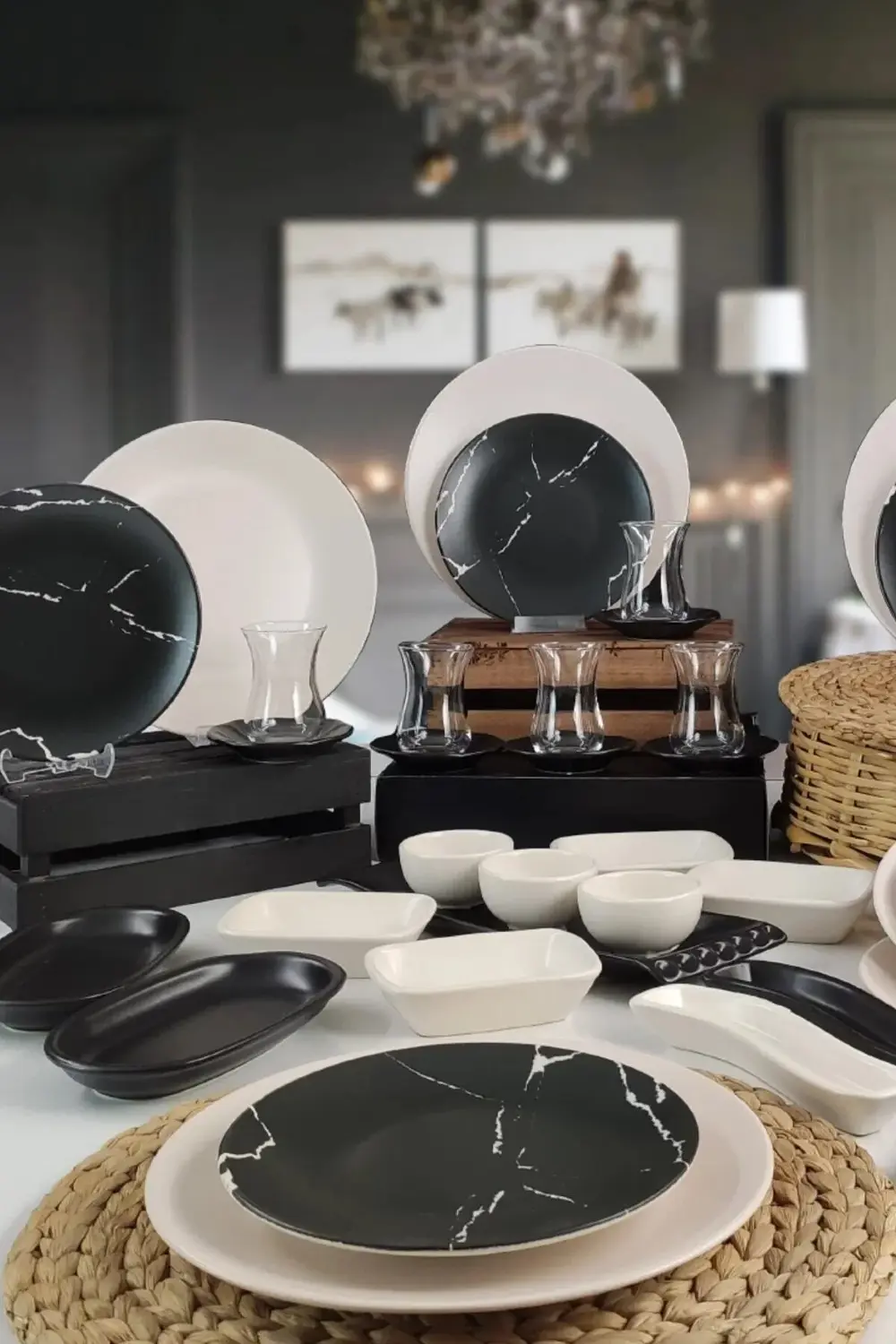 Keramika Siyah Beyaz Mermer Desenli Kahvaltı Takımı 6 Kişilik 36 Parça