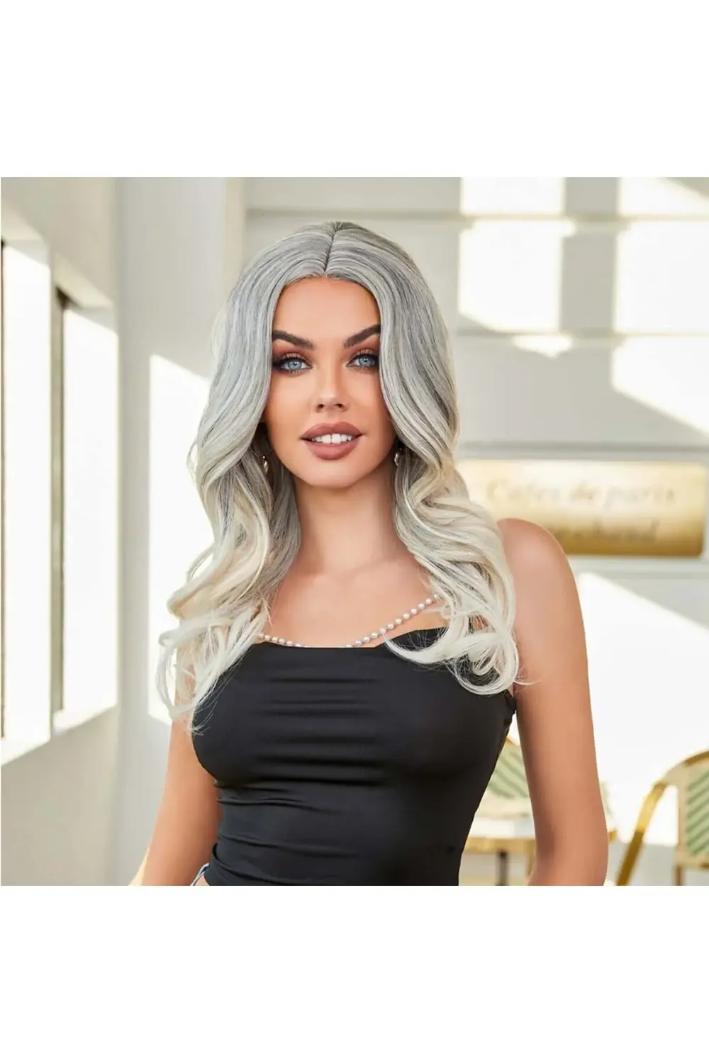 Siyah Beyaz Platin Ombre ve Röfleli Tül Peruk