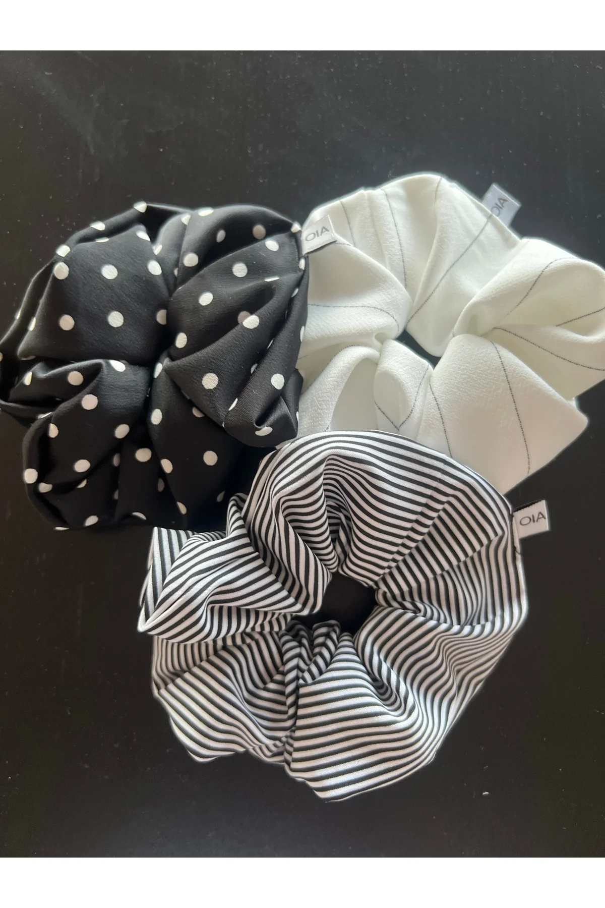 Siyah Beyaz Puantiye Çizgili 3 lü Scrunchie Lastik Toka Set Sınırlı Sayı