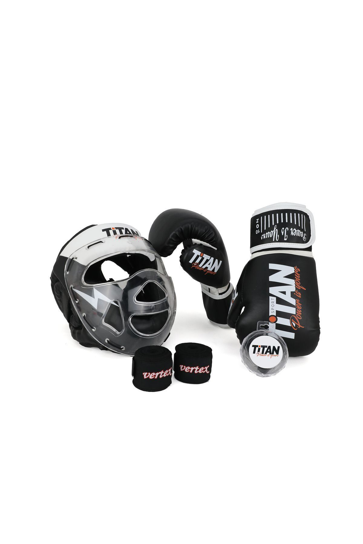 Titan Sport Siyah Beyaz Serisi Özel Takim Set , Camli Boks Kaski, Boks Eldive