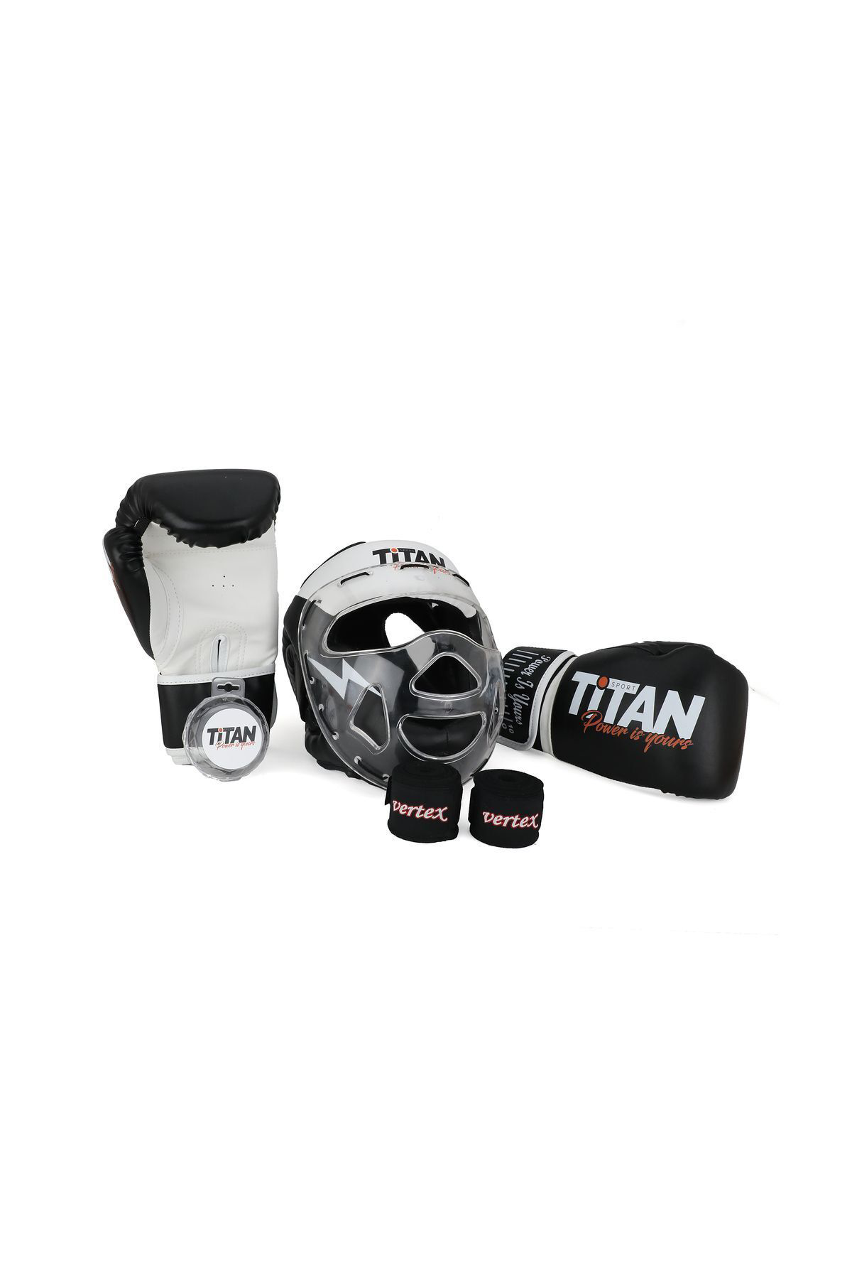 Titan Sport Siyah Beyaz Serisi Özel Takim Set , Camli Boks Kaski, Boks Eldive