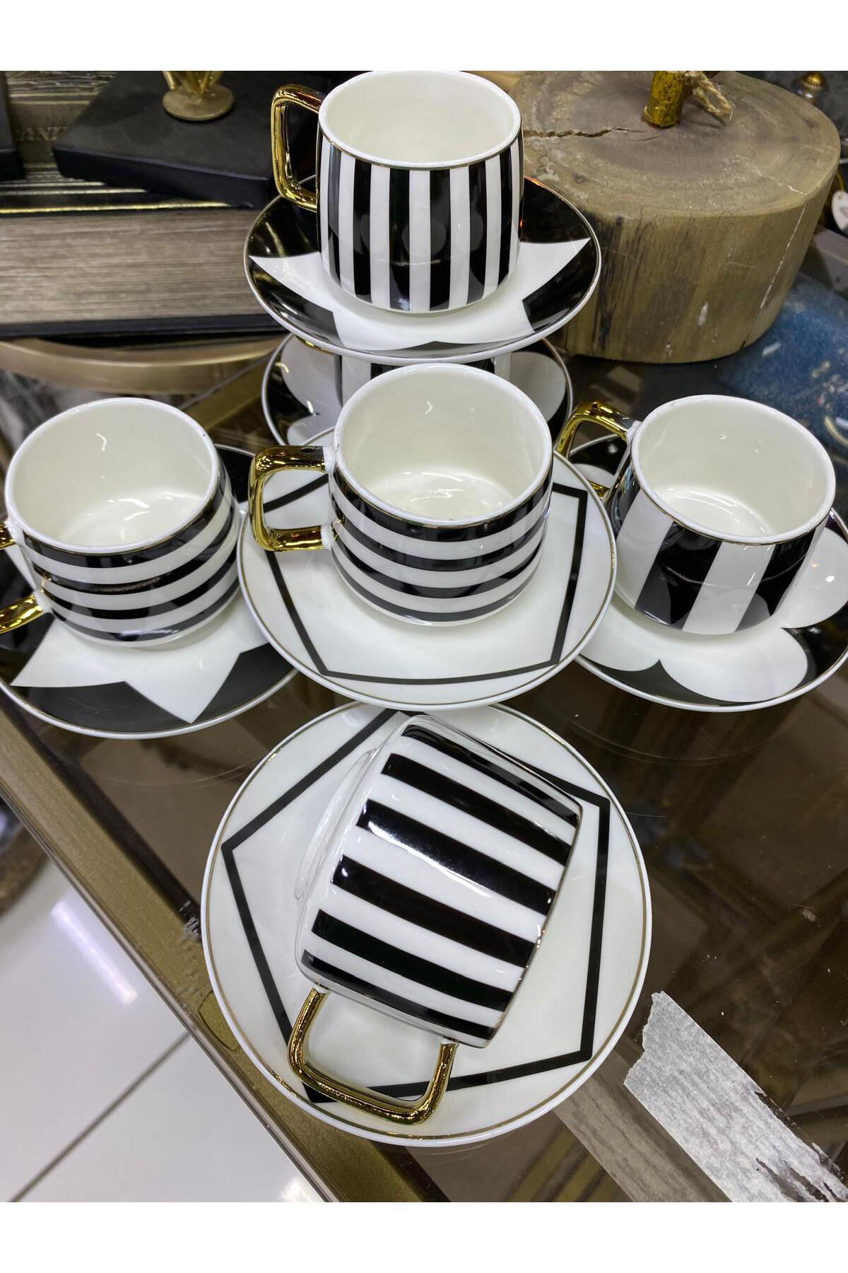 Elif Aksesuar Siyah Beyaz Tasarım Kahve Fincan Takımı