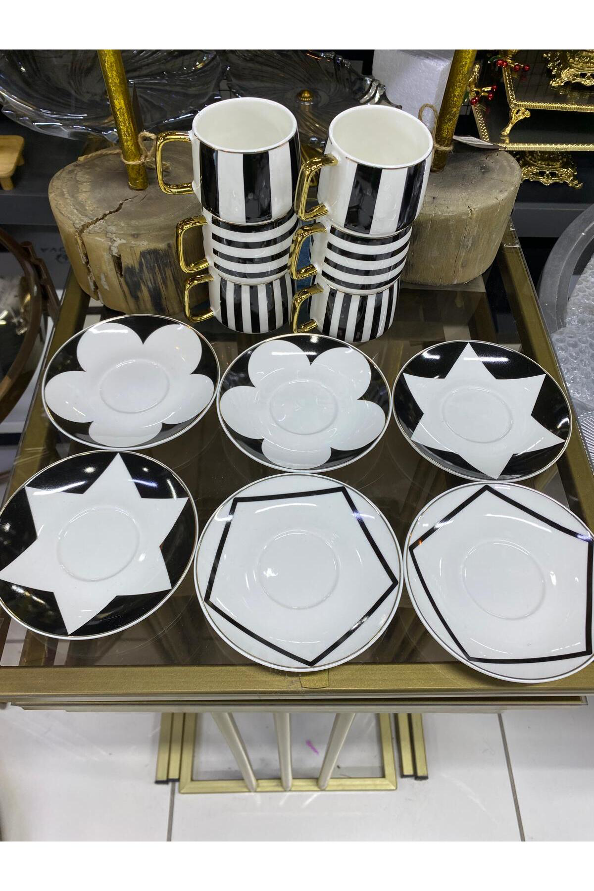 Elif Aksesuar Siyah Beyaz Tasarım Kahve Fincan Takımı