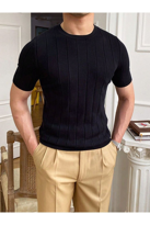 Siyah Bisiklet Yaka Triko Erkek T-shirt - SİYAH