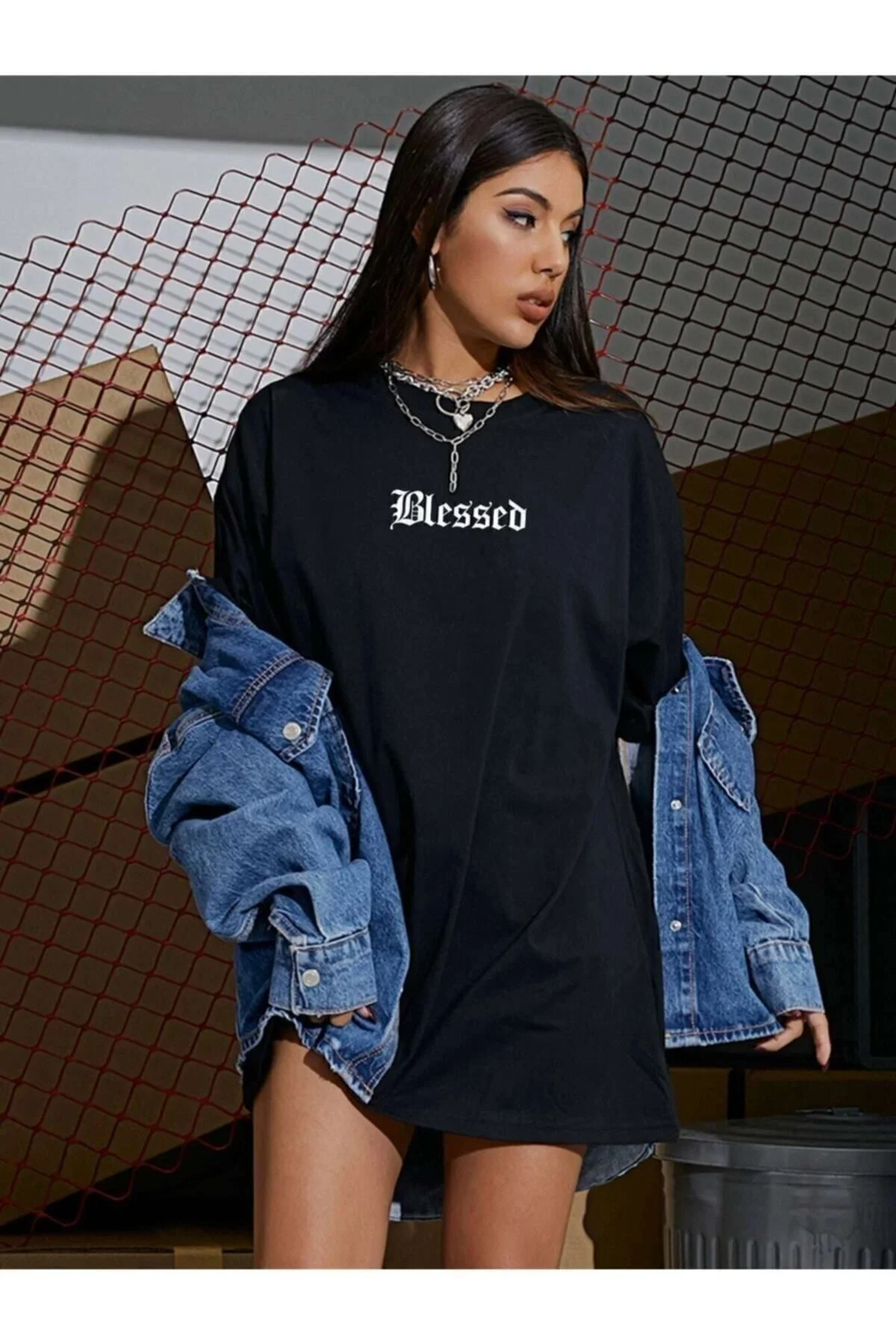 Siyah Blessed Yazılı Oversize Penye T-shirt