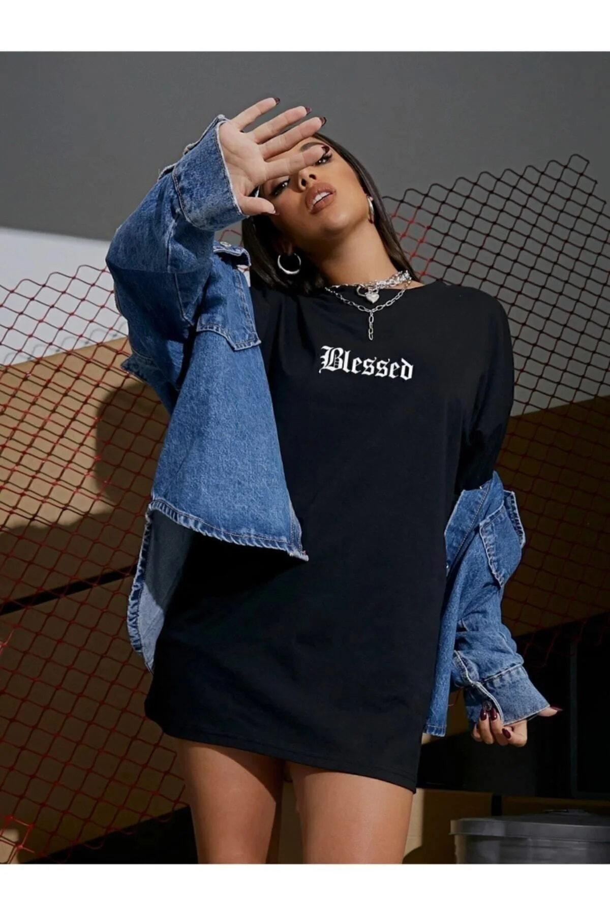 Siyah Blessed Yazılı Oversize Penye T-shirt
