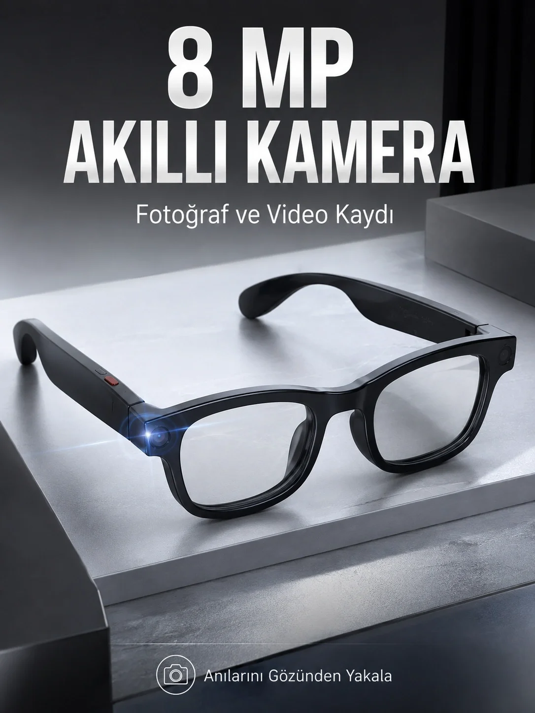 Siyah Bluetooth Akıllı Kamera Gözlüğü 8 MP Kameralı AI Çeviri Wi-Fi Fotoğraf Video Müzik Arama ve Dokunmatik Kontrollü Siyah Bluetooth Akıllı Kamera Gözlüğü 8 MP Kameralı AI Çeviri Wi-Fi Fotoğraf Video Müzik Arama ve Dokunmatik Kontrollü