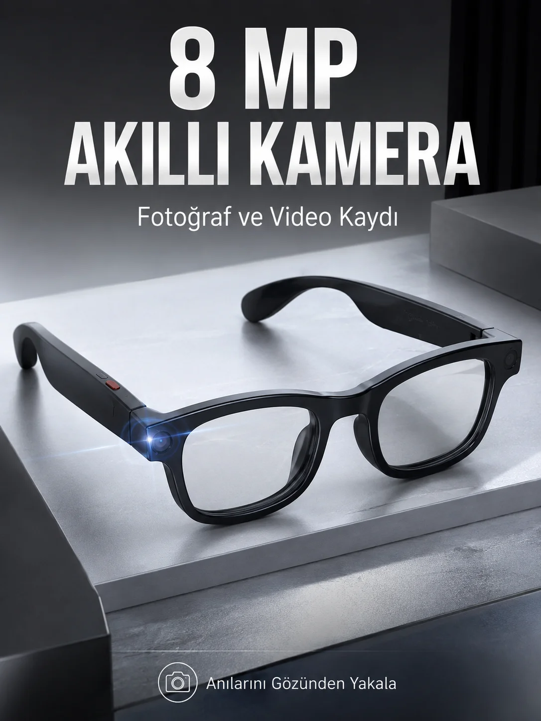 Siyah Bluetooth Akıllı Kamera Gözlüğü 8 MP Kameralı AI Çeviri Wi-Fi Fotoğraf Video Müzik Arama ve Dokunmatik Kontrollü Fiyatı, Yorumları ve Özellikleri