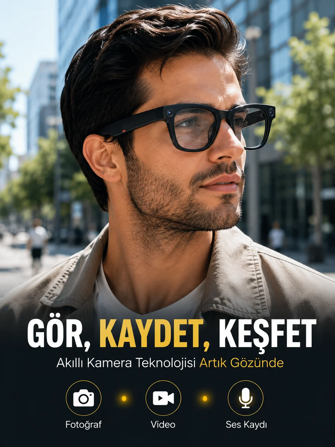 Siyah Bluetooth Akıllı Kamera Gözlüğü Fotoğraf Video Ses Kayıtlı AI Sesli Asistanlı Manyetik Şarjlı 3 Lensli Fiyatı, Yorumları ve Özellikleri