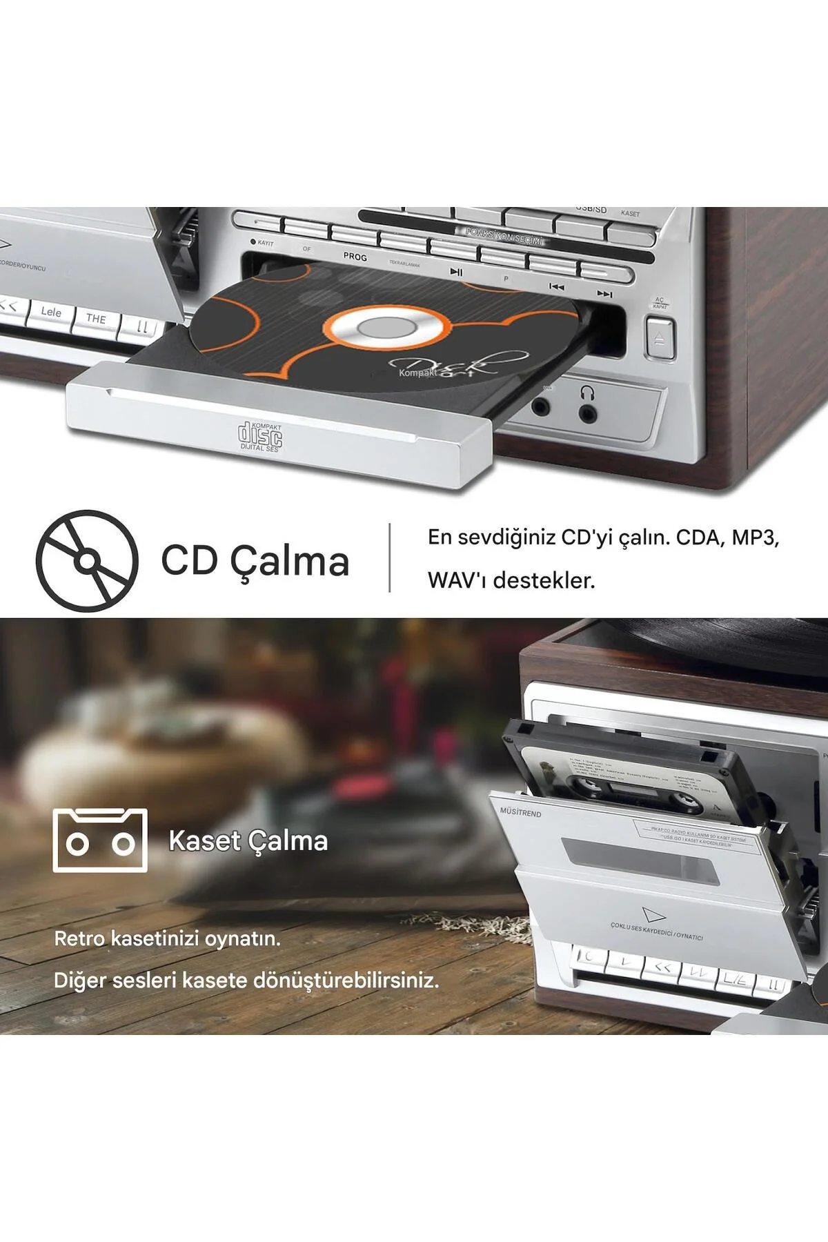 Siyah bluetooth kumandalı CD, kaset, USB, radyo ve 33-45-78 devir plak çalar pikap