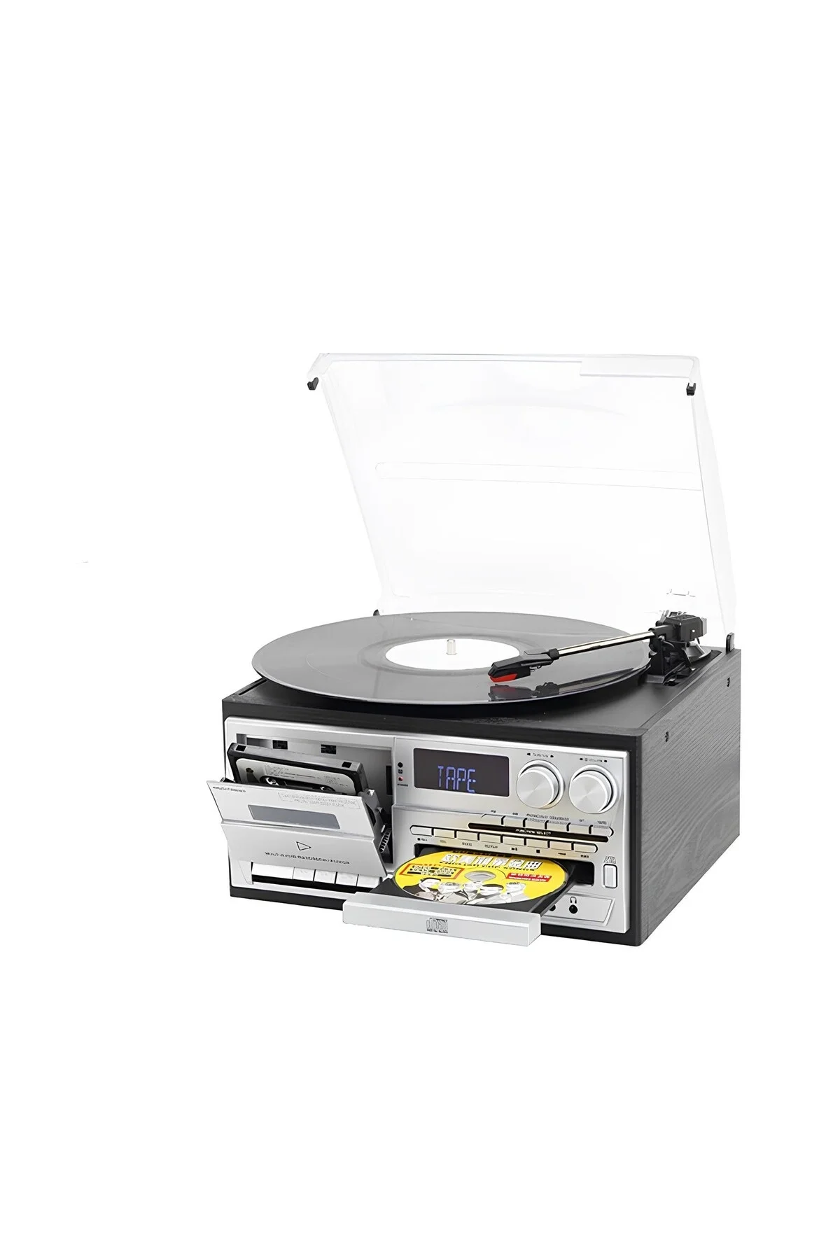 Siyah bluetooth kumandalı CD, kaset, USB, radyo ve 33-45-78 devir plak çalar pikap