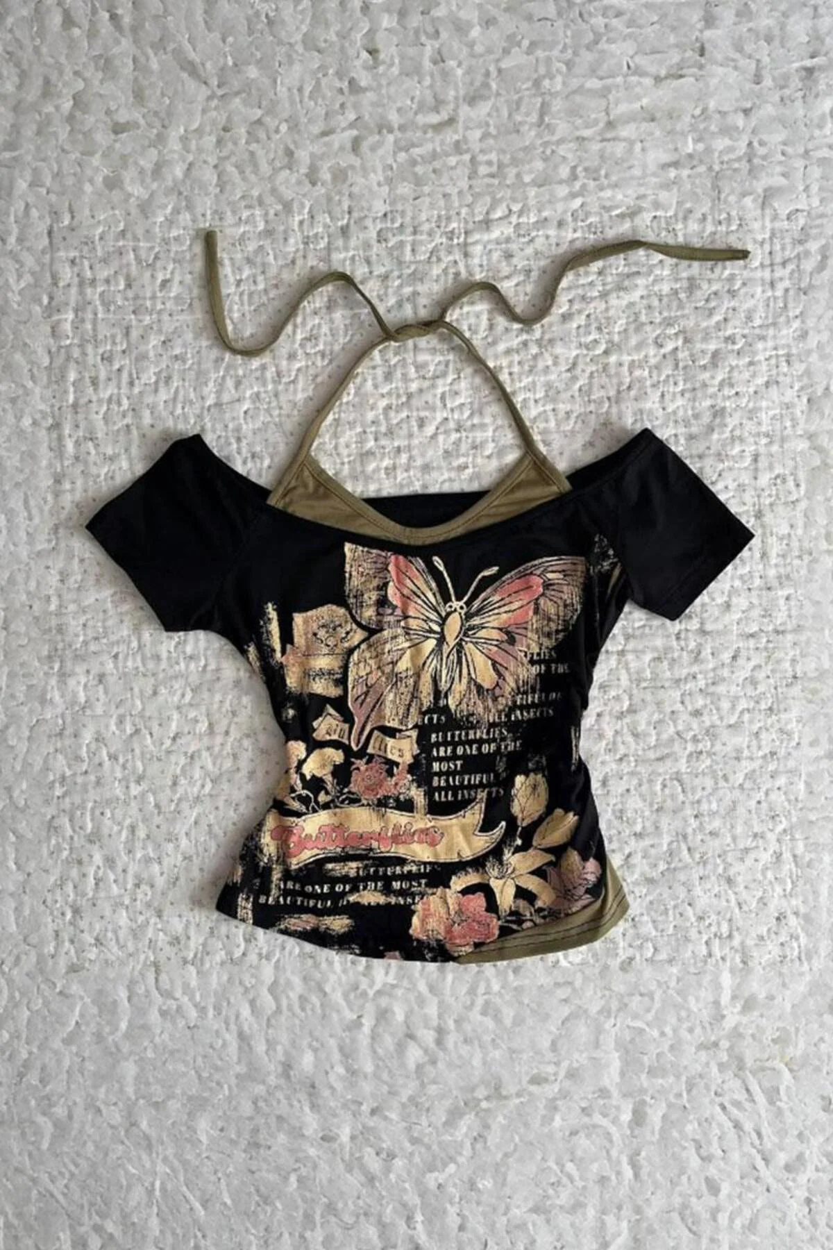 Siyah Butterfly Madonna Yaka Ek Askılı Kısa Kollu Full Body Crop