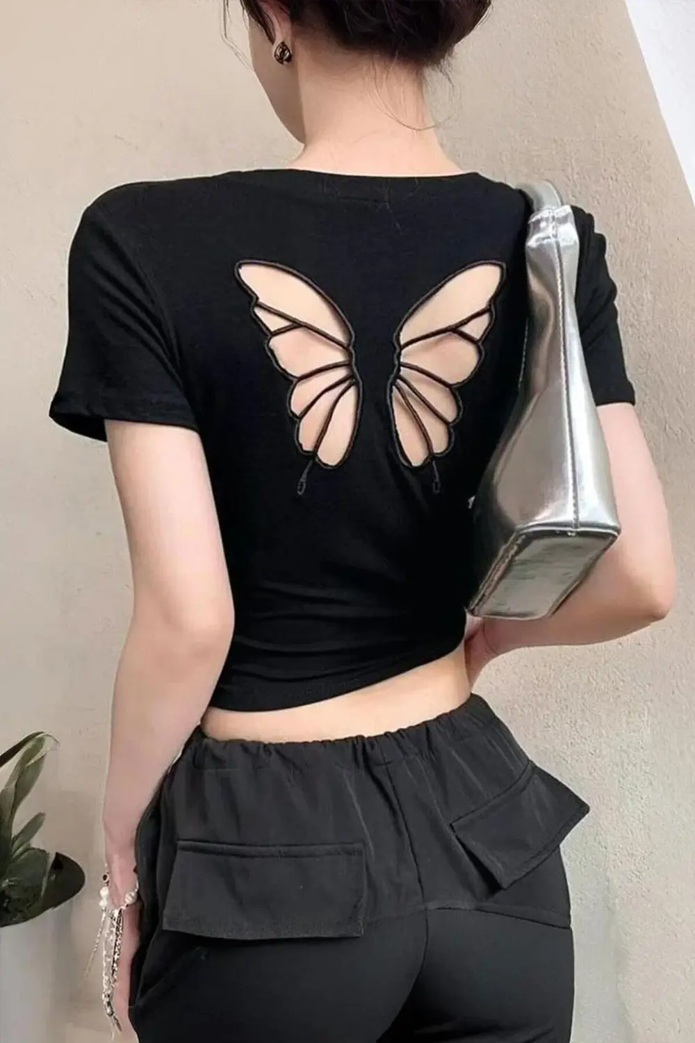 Siyah Butterfly Sırt Dekolteli Gotik Y2K Kısa Kollu Crop