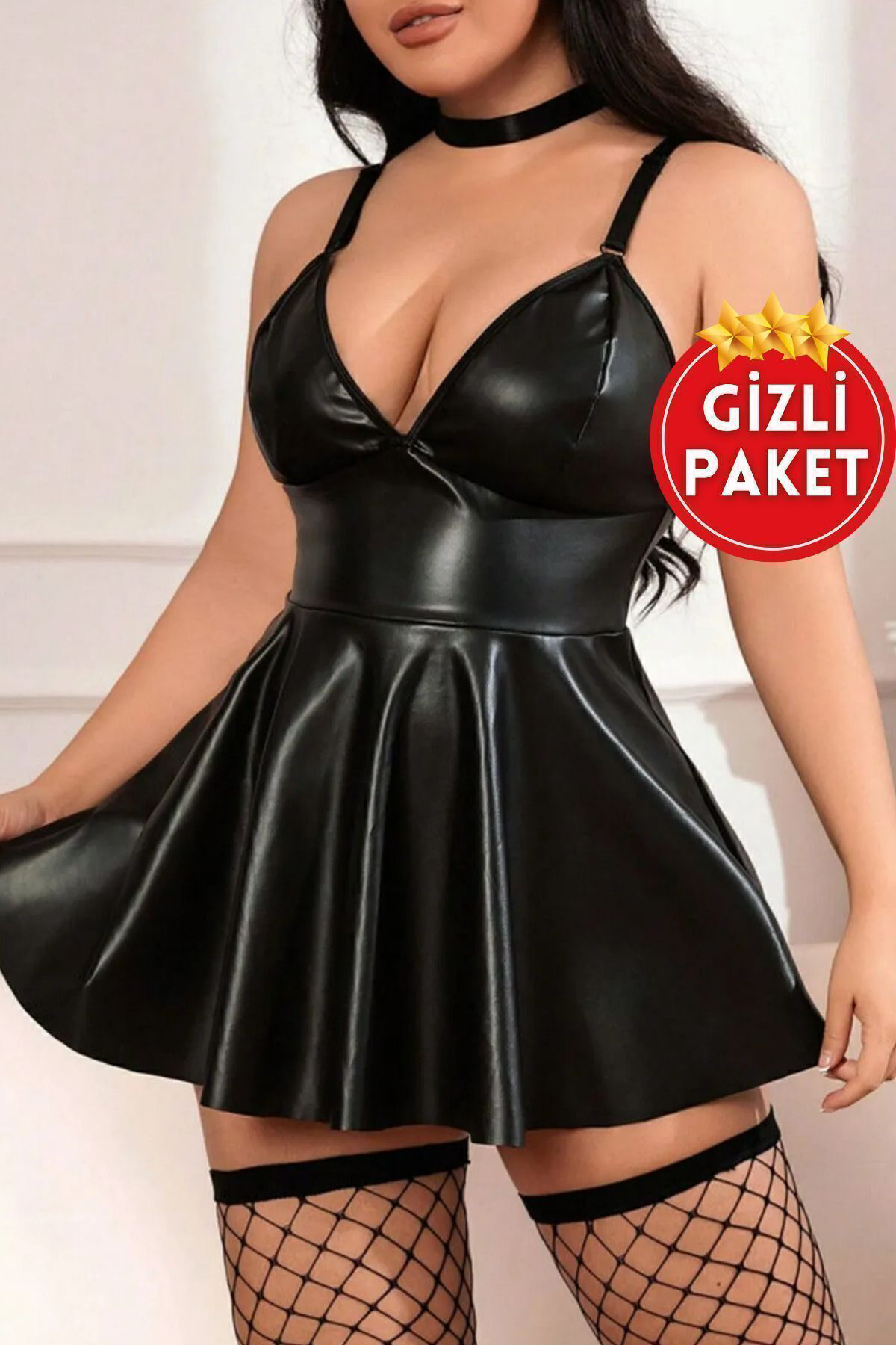 Siyah Büyük Beden Lame Deri İp Askılı Pileli Mini Etekli Fantezi Elbise, Büyük Beden Fantezi Kostüm Fiyatı, Yorumları ve Özellikleri