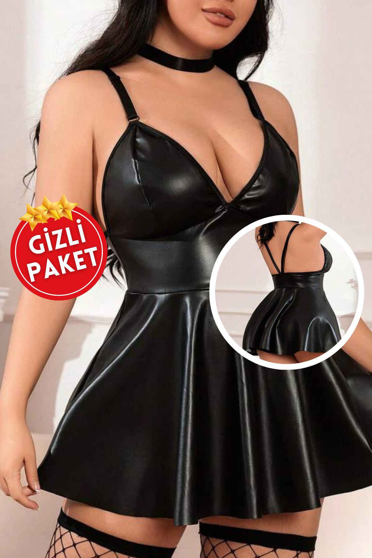 Siyah Büyük Beden Suni Deri İp Askılı Pileli Mini Etekli Fantezi Elbise, Büyük Beden Fantezi Kostüm Fiyatı, Yorumları ve Özellikleri