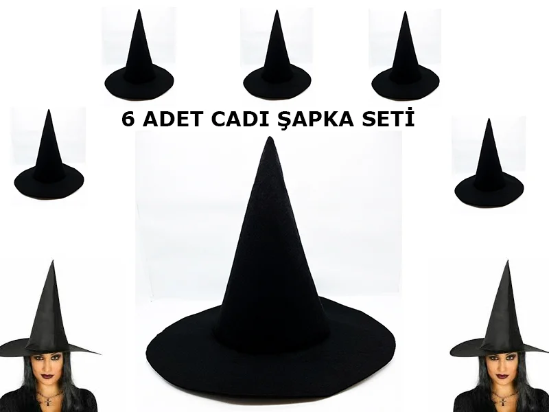 Siyah Cadı Şapkası Keçe Yetişkin Boy 6'lı Set