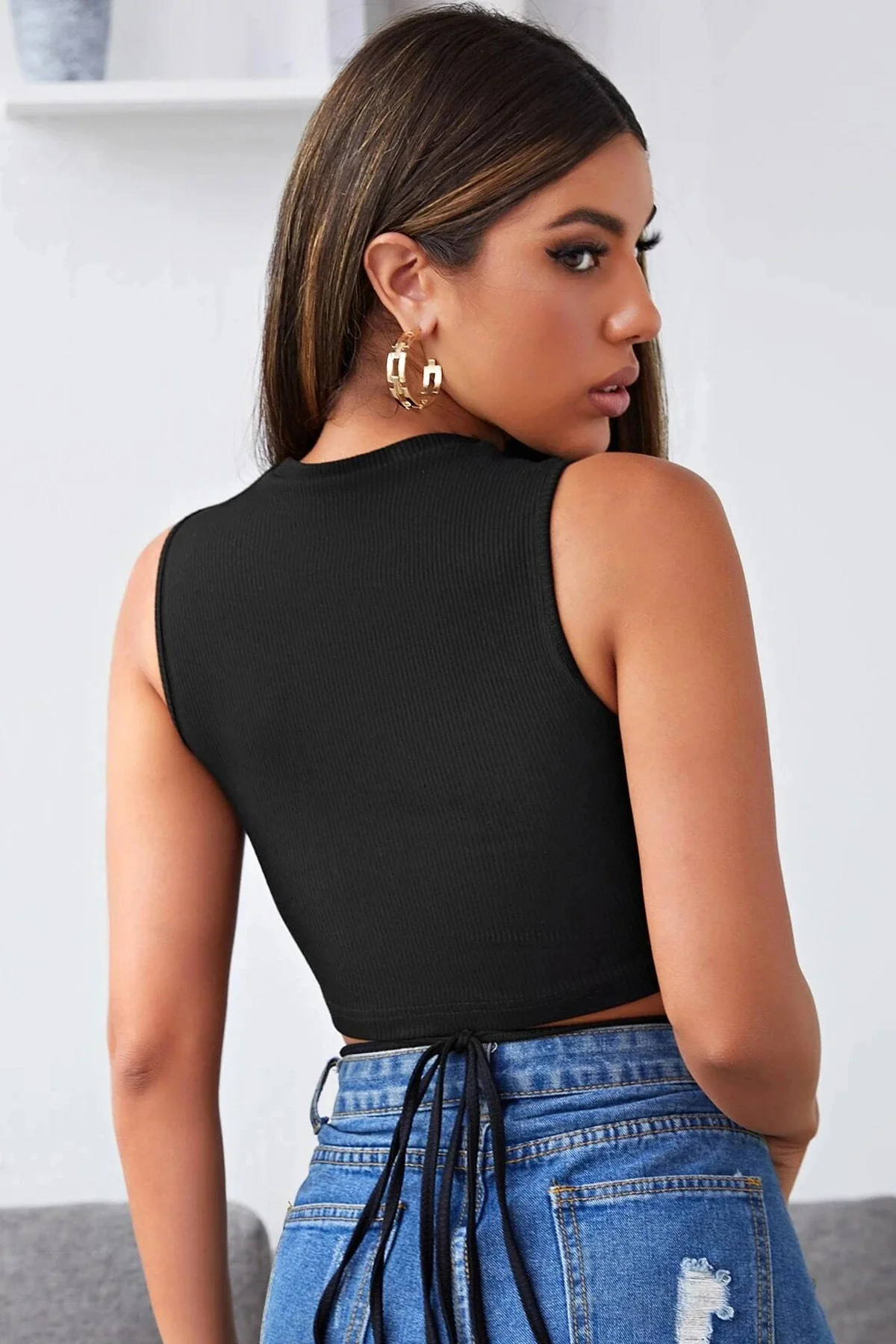 Siyah Çapraz Bağlamalı Crop Top Büstiyer