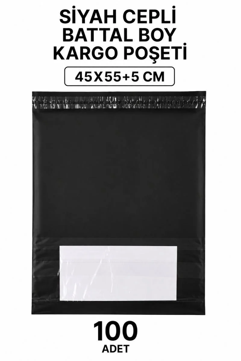 Siyah Cepli Battal Boy Kargo Poşeti 45x55+5 Cm - 100 Adet | Dayanıklı E-Ticaret Poşeti Fiyatı, Yorumları ve Özellikleri