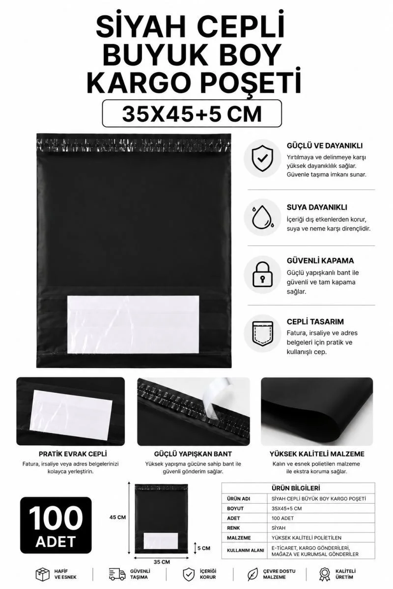 Siyah Cepli Kargo Poşeti 35x45+5 Cm 100 Adet – Dayanıklı E-ticaret Ambalajı Fiyatı, Yorumları ve Özellikleri
