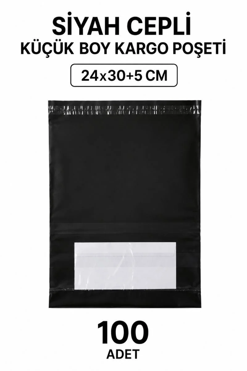 Siyah Cepli Küçük Boy Kargo Poşeti 24x30+5 Cm 100 Adet Siyah Cepli Küçük Boy Kargo Poşeti 24x30+5 Cm 100 Adet