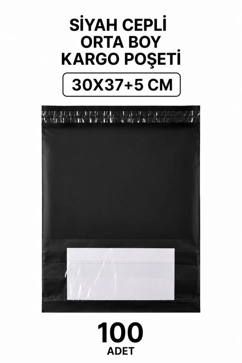 Siyah Cepli Orta Boy Kargo Poşeti 30x37+5 Cm 100 Adet Siyah Cepli Orta Boy Kargo Poşeti 30x37+5 Cm 100 Adet