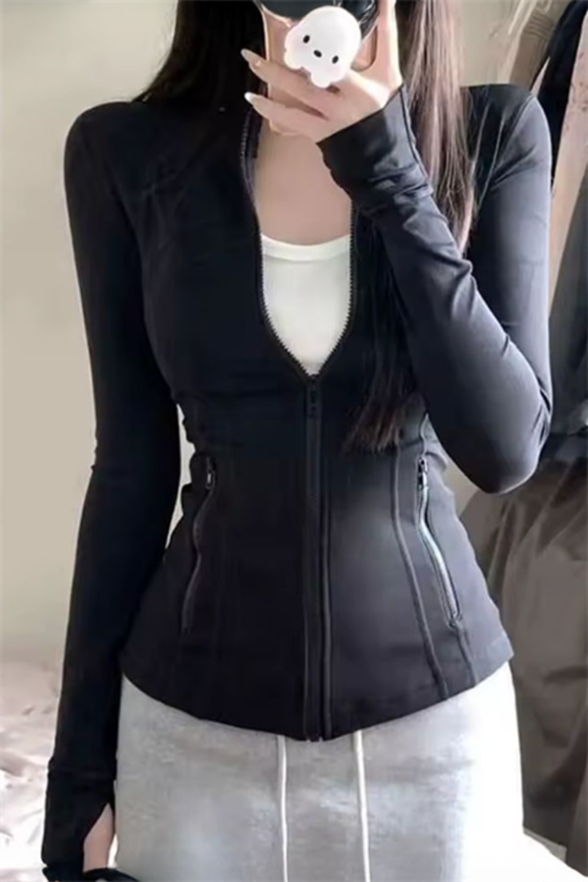 Köstebek Siyah Cepli Parmak Delikli Street Y2k Crop Hırka