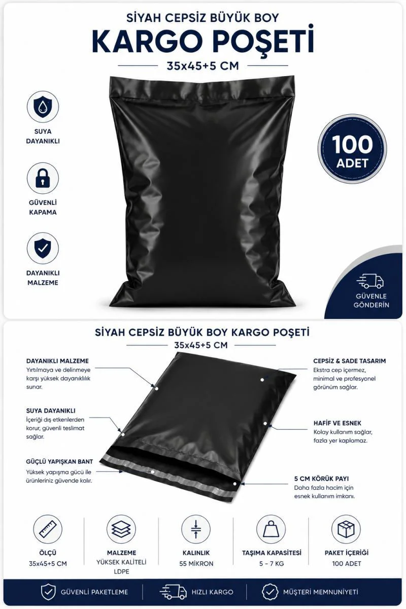 Siyah Cepsiz Kargo Poşeti 35x45+5 cm 100 Adet | Dayanıklı E-Ticaret Ambalajı Fiyatı, Yorumları ve Özellikleri