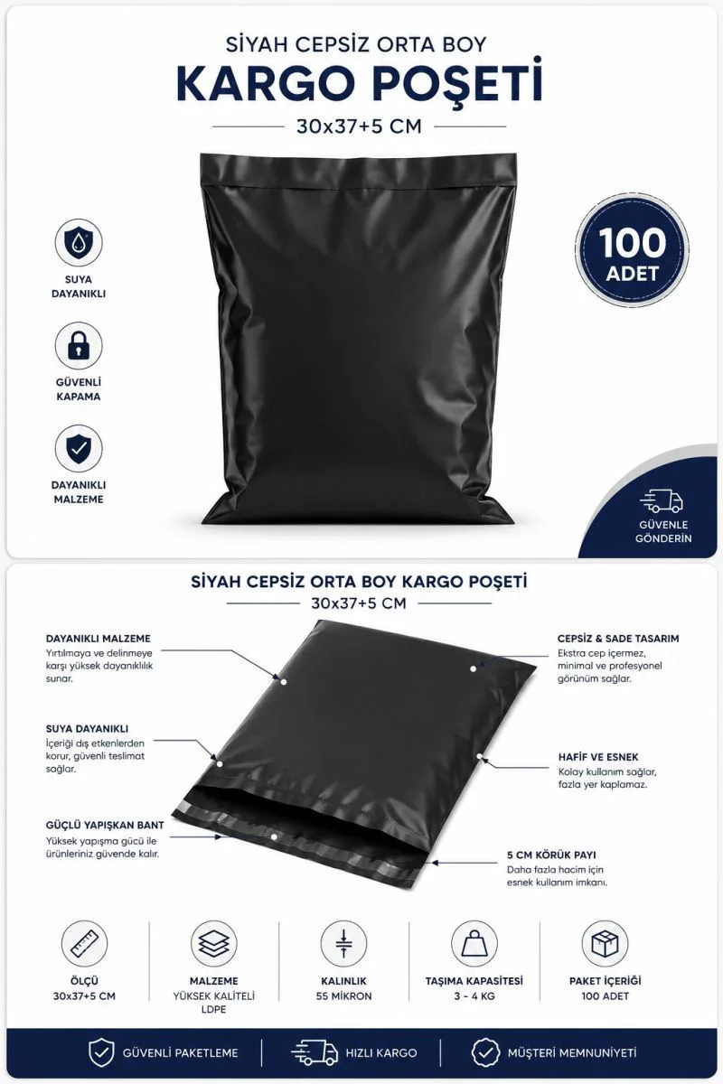Siyah Cepsiz Kargo Poşeti 30x37+5 Cm 100 Adet – Güvenli ve Dayanıklı Paketleme Fiyatı, Yorumları ve Özellikleri