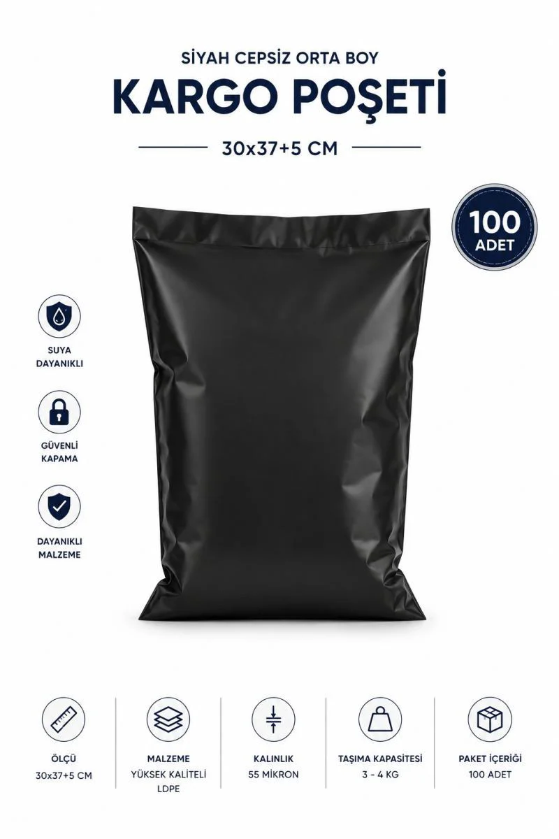 Siyah Cepsiz Kargo Poşeti 30x37+5 Cm 100 Adet – Güvenli ve Dayanıklı Paketleme Fiyatı, Yorumları ve Özellikleri