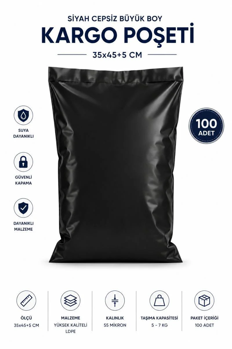 Siyah Cepsiz Kargo Poşeti 35x45+5 cm 100 Adet | Dayanıklı E-Ticaret Ambalajı Fiyatı, Yorumları ve Özellikleri