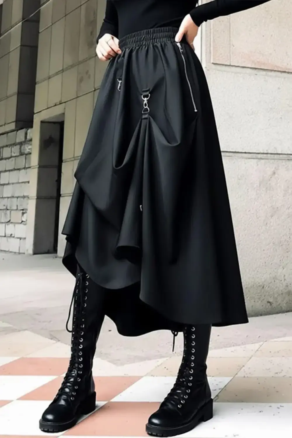 Siyah Chinese Street Wear Salaş Uzun Etek