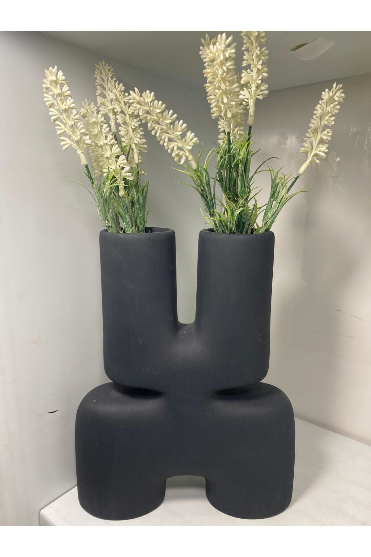 Elif Aksesuar Siyah Çift Ağızlı Soyut Dekoratif Vazo