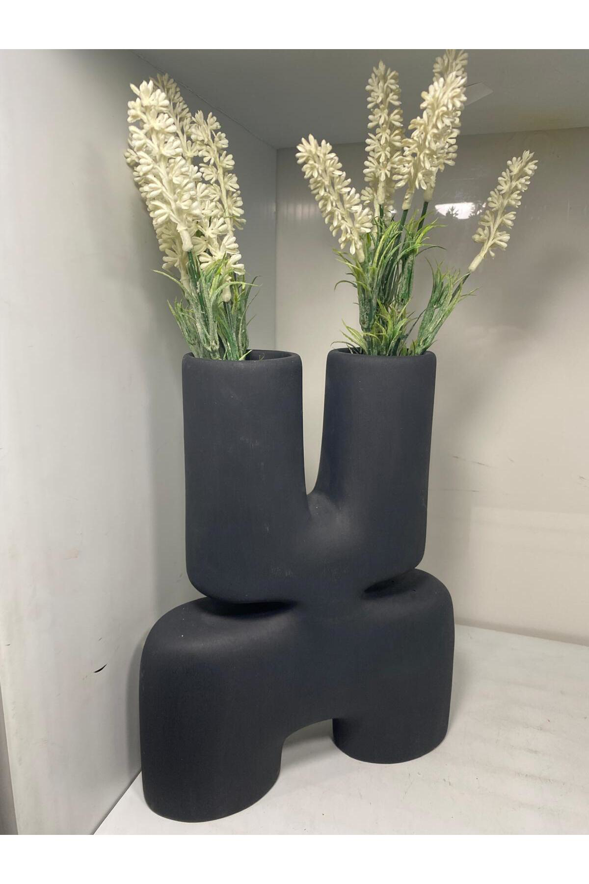 Elif Aksesuar Siyah Çift Ağızlı Soyut Dekoratif Vazo