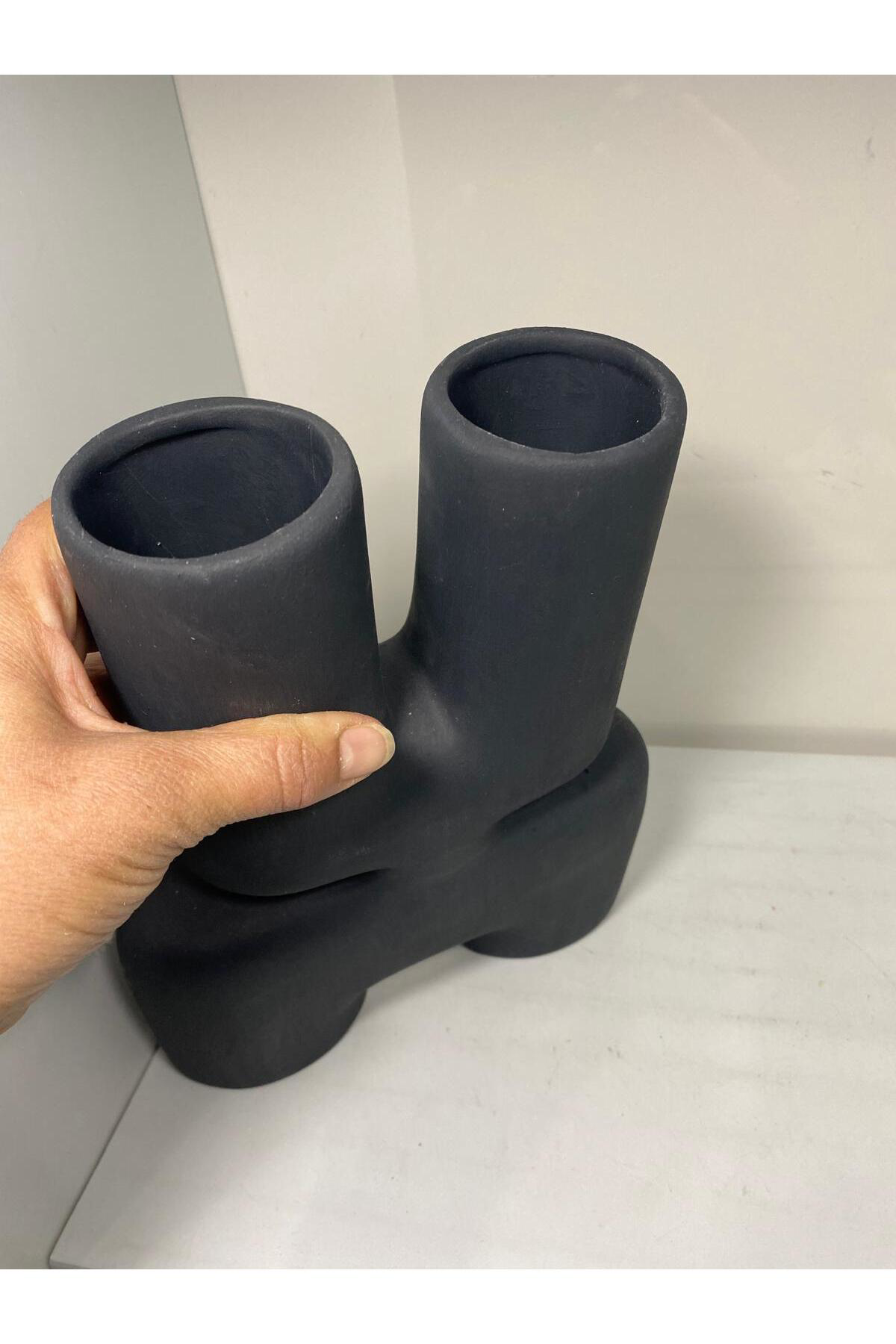 Elif Aksesuar Siyah Çift Ağızlı Soyut Dekoratif Vazo