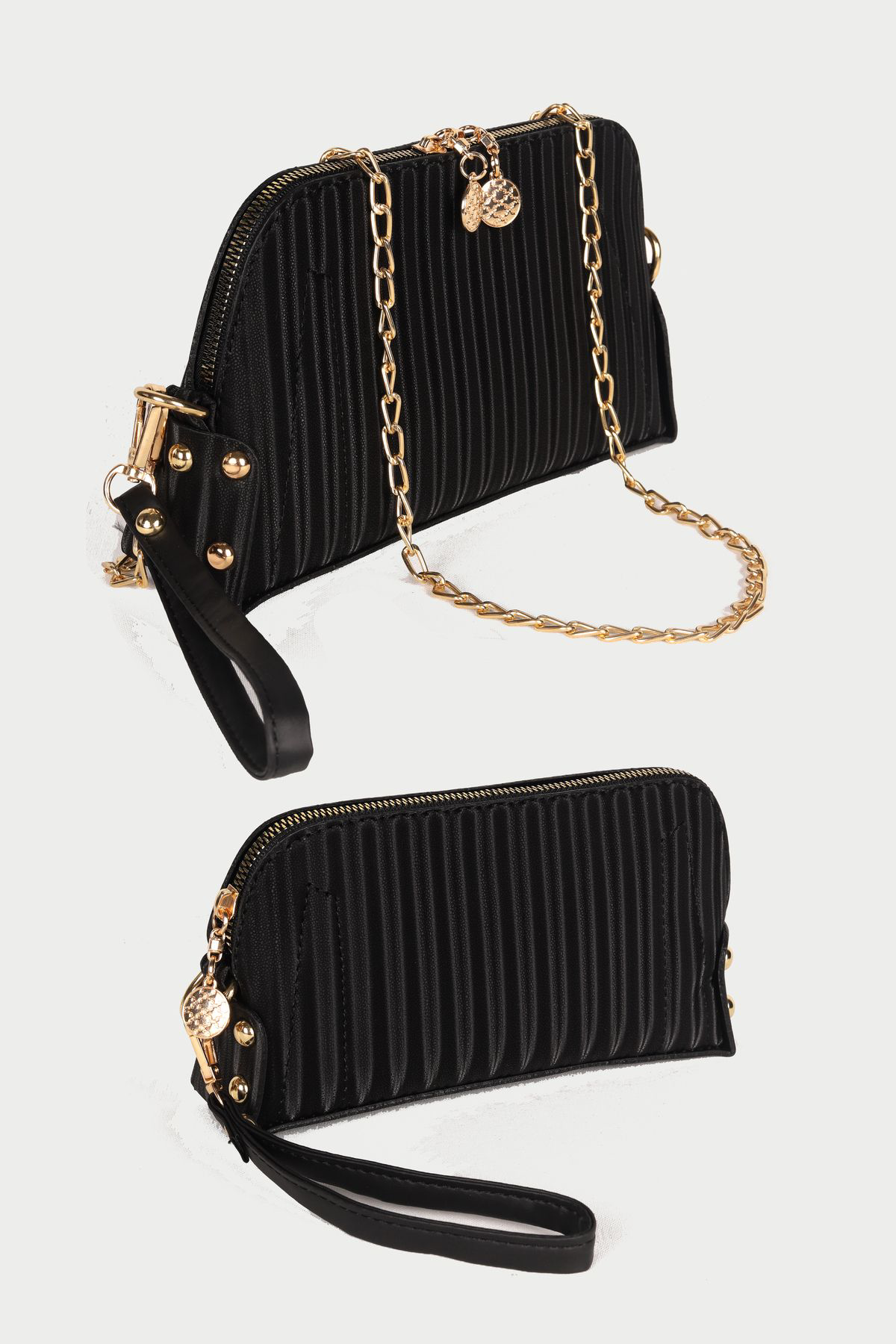 Siyah Çizgili Desenli El Çantası Seti