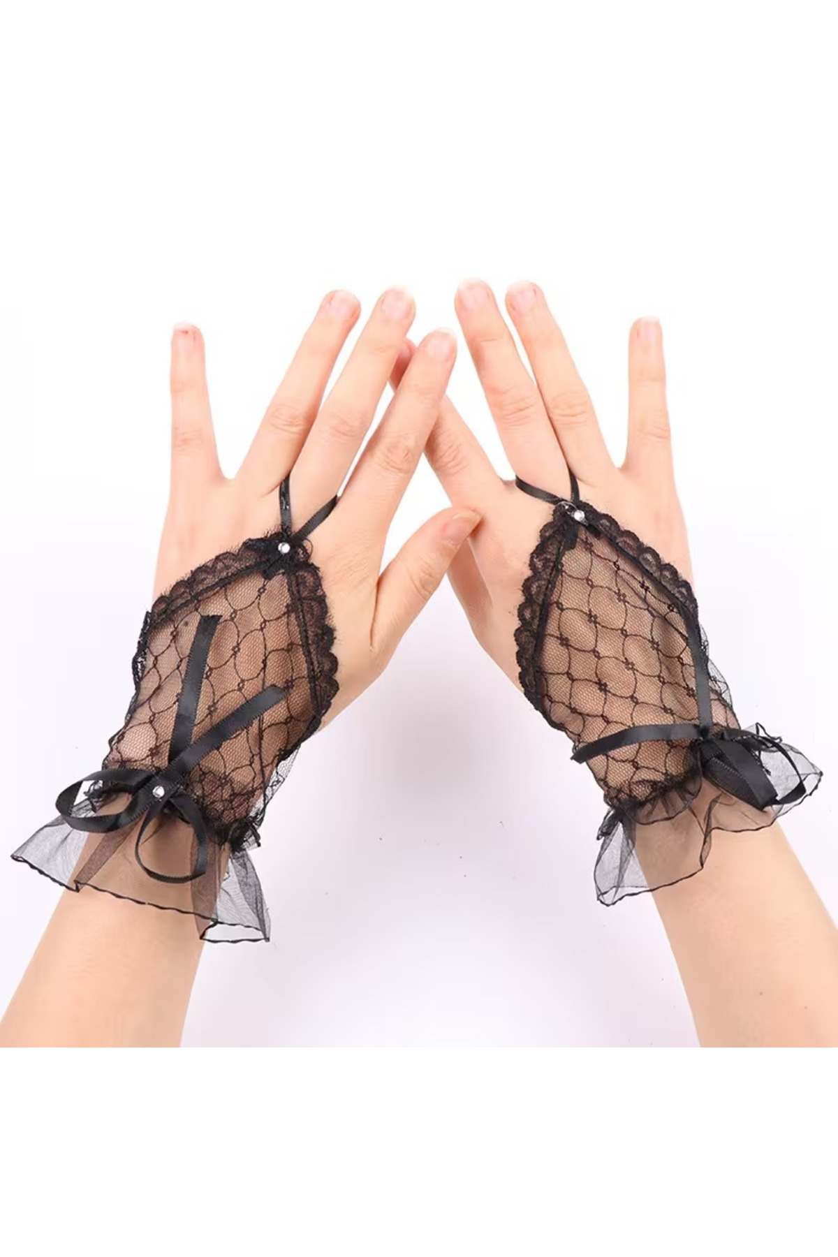 Siyah Dantel Fiyonklu Parmak Hlı Kadın Eldiveni