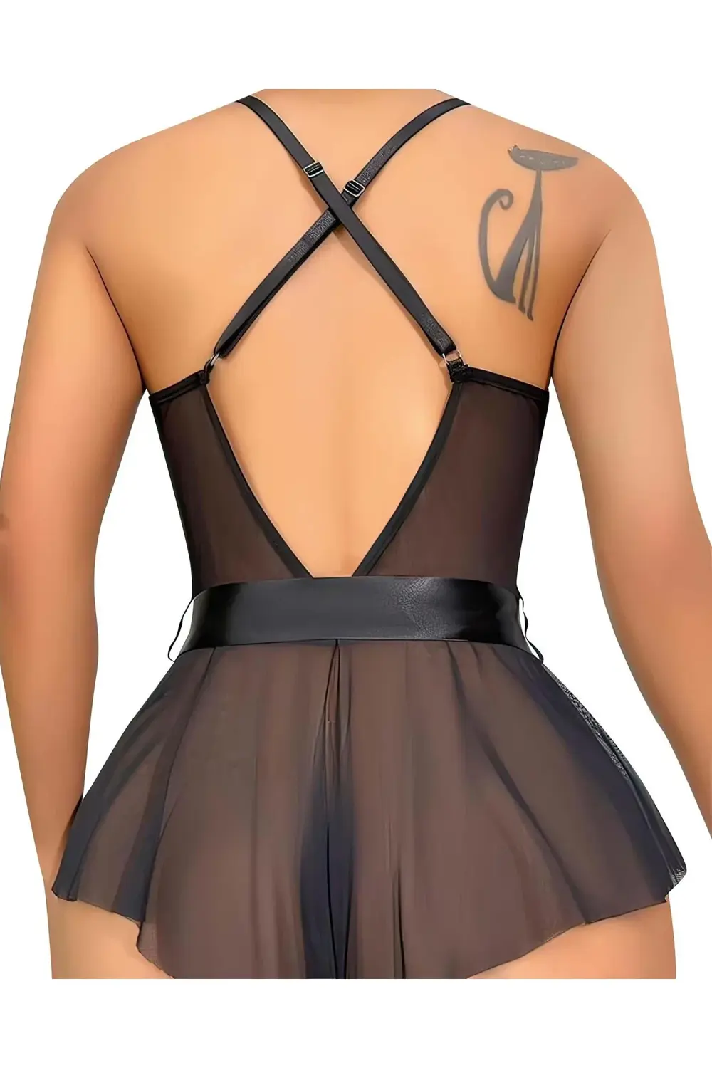 Pilelistore Siyah Dantel İşlemeli Kurdelalı Fantezi Tül Babydoll