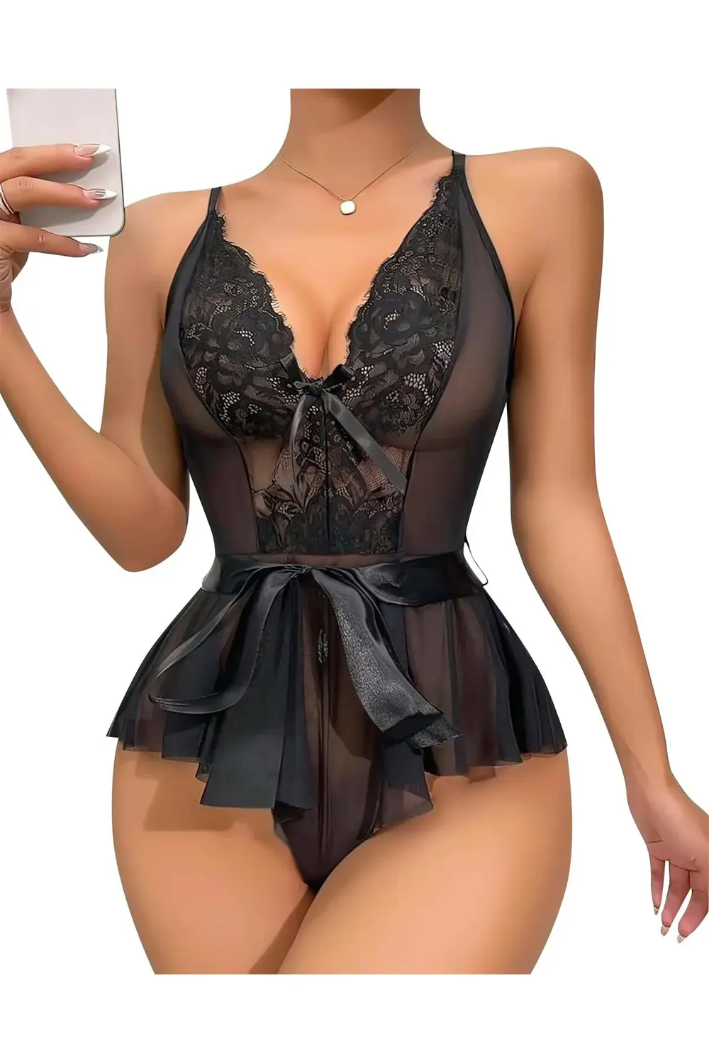 Pilelistore Siyah Dantel İşlemeli Kurdelalı Fantezi Tül Babydoll