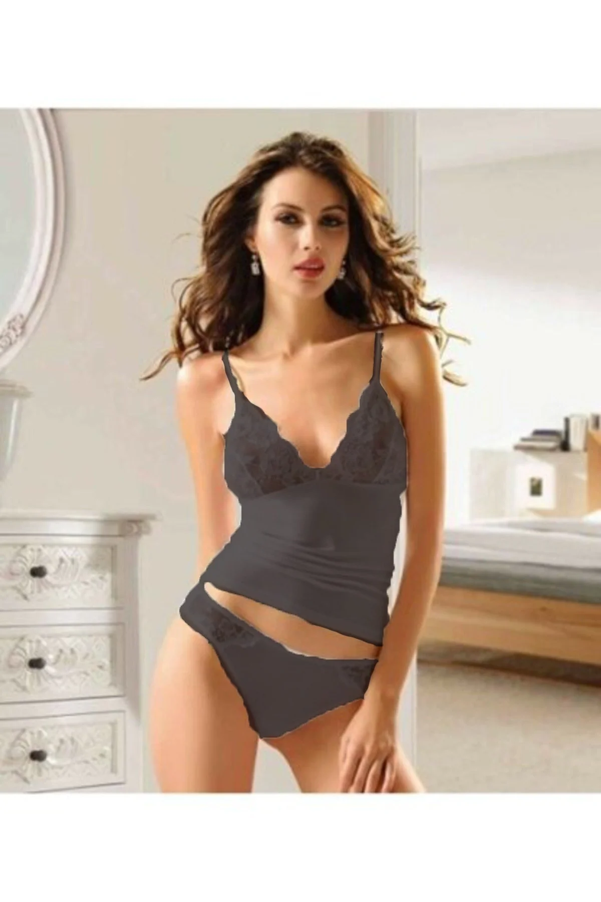 Siyah Dantelli Ip Askılı Pamuk Elastan Çeyizlik Atlet Külot Takım