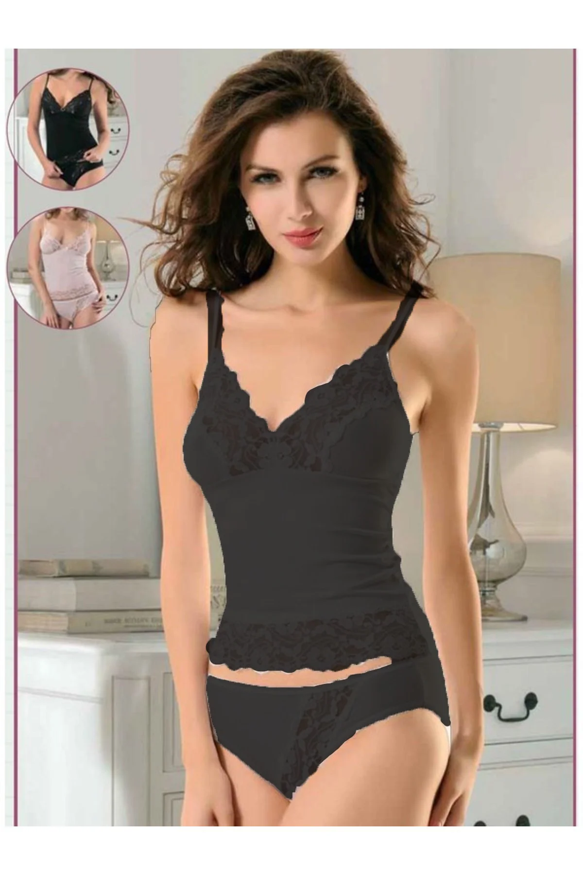 Siyah Dantelli Ip Askılı Pamuk Elastan Çeyizlik Atlet Külot Takım