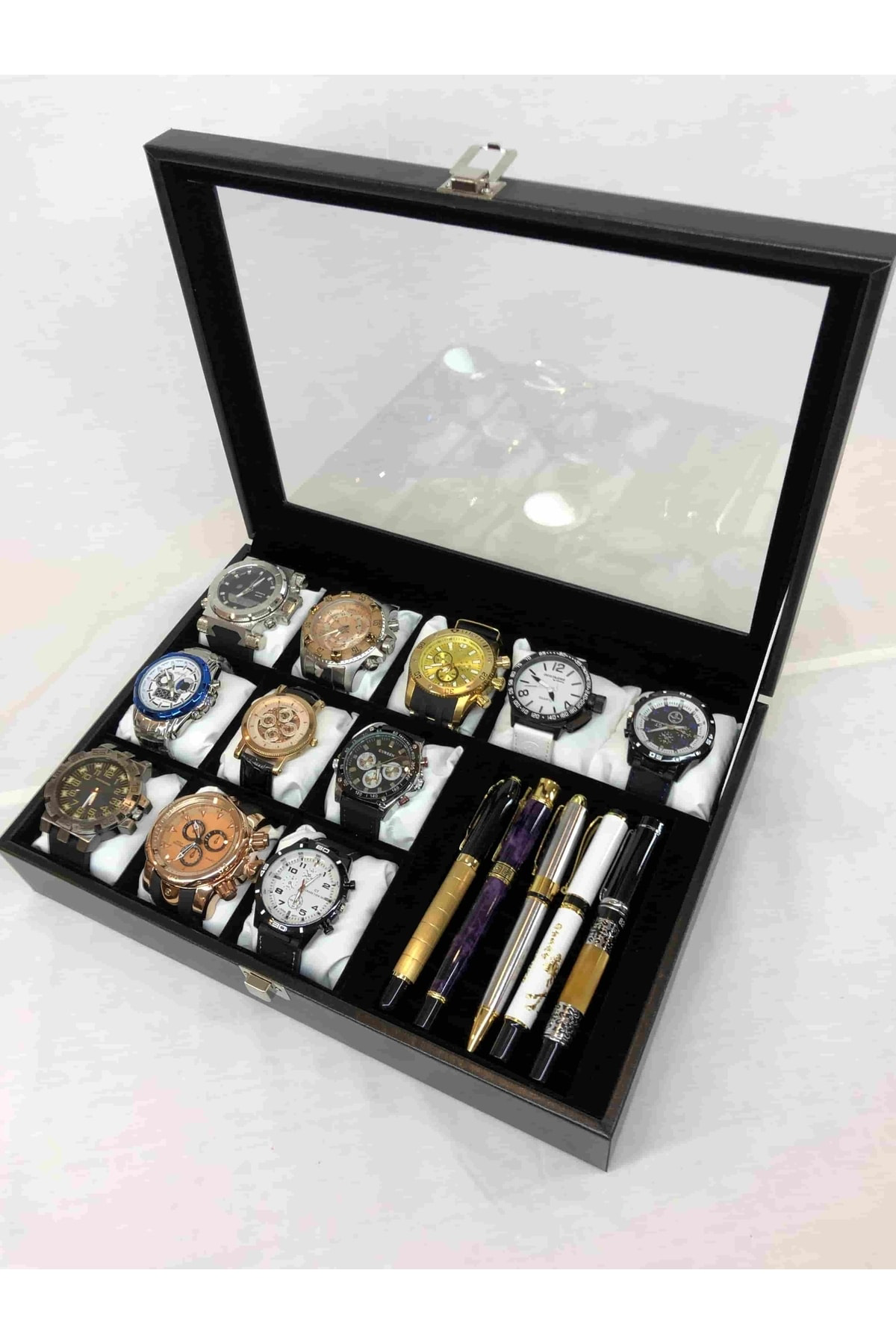 Siyah Deri Kaplı Cam Kapaklı Saat Takı Küpe Kolye Saklamak Için D