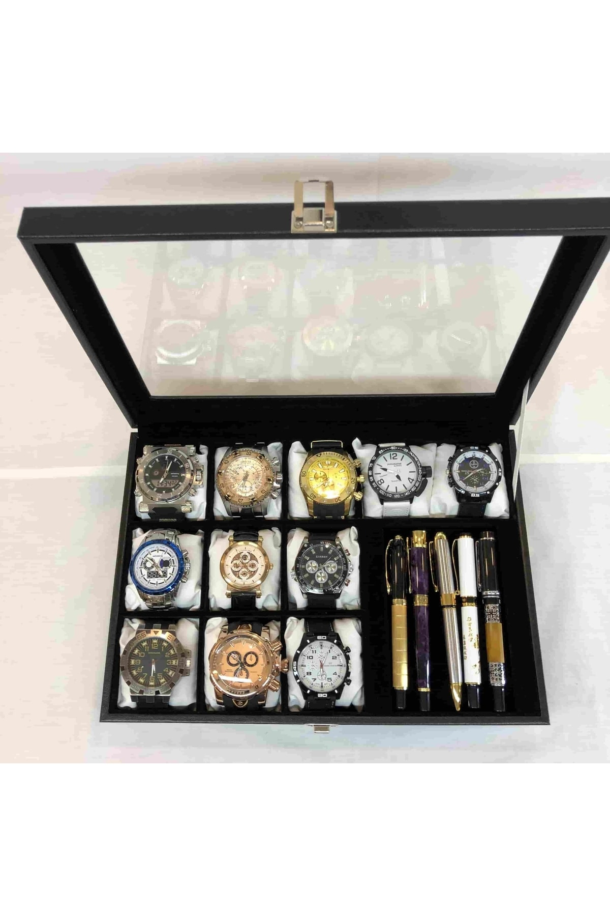 Siyah Deri Kaplı Cam Kapaklı Saat Takı Küpe Kolye Saklamak Için D