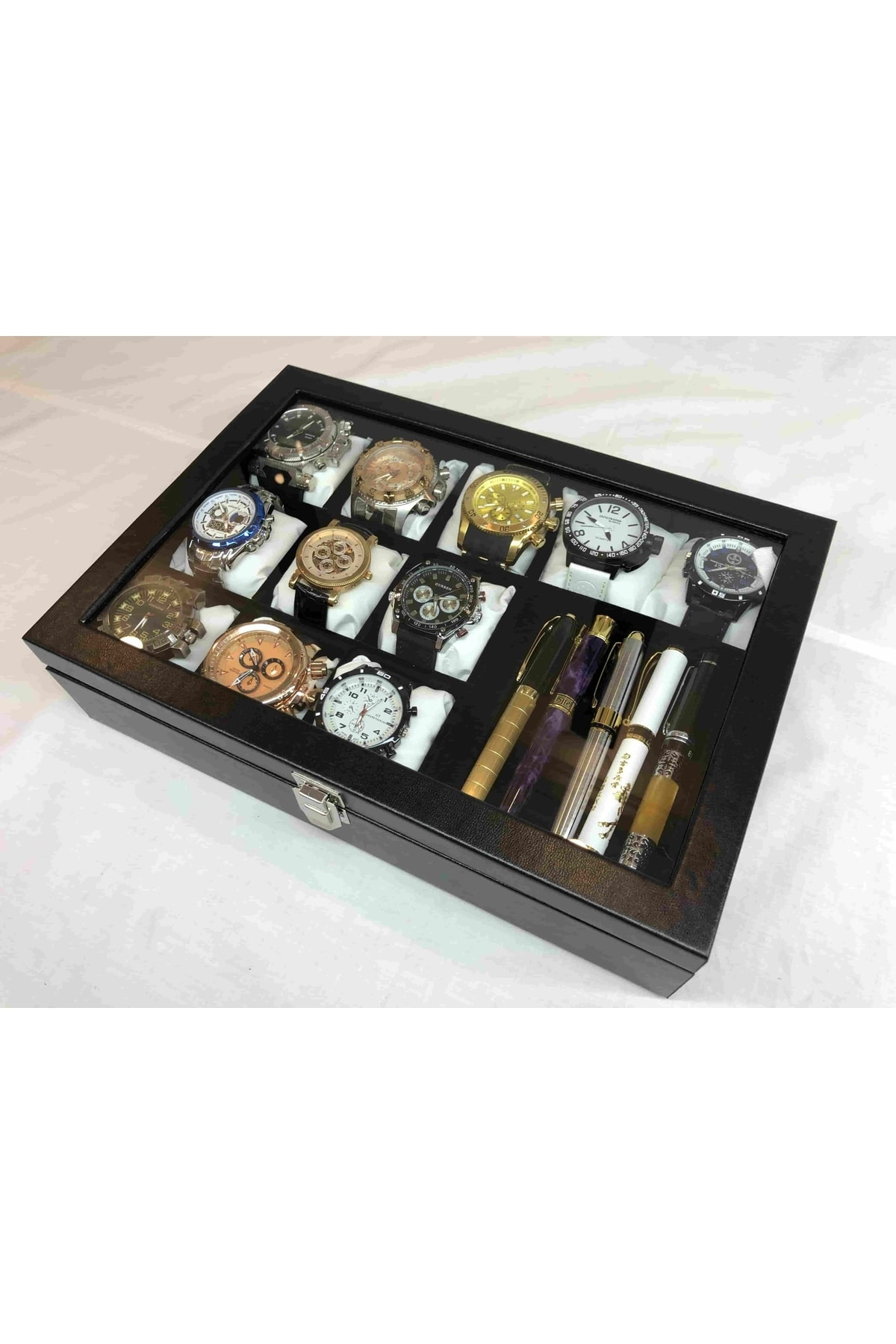 Siyah Deri Kaplı Cam Kapaklı Saat Takı Küpe Kolye Saklamak Için D