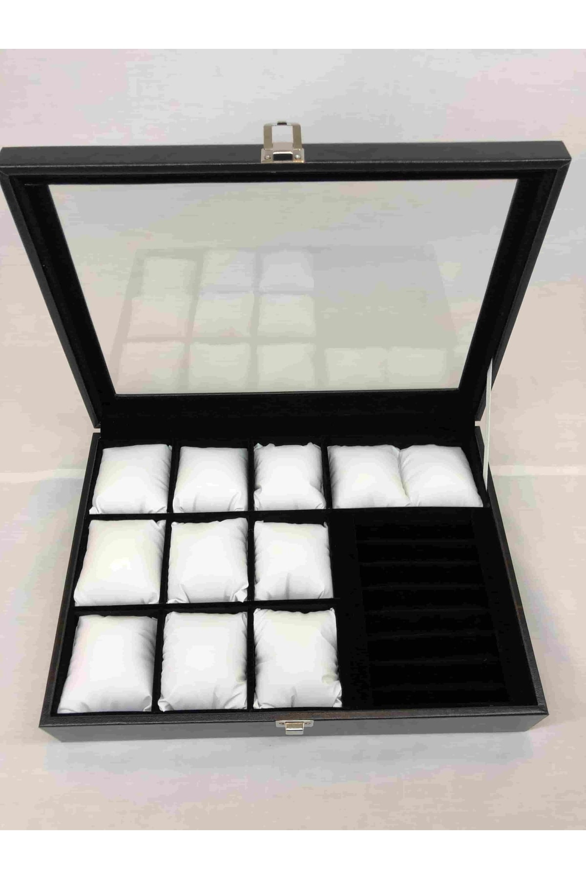 Siyah Deri Kaplı Cam Kapaklı Saat Takı Küpe Kolye Saklamak Için D