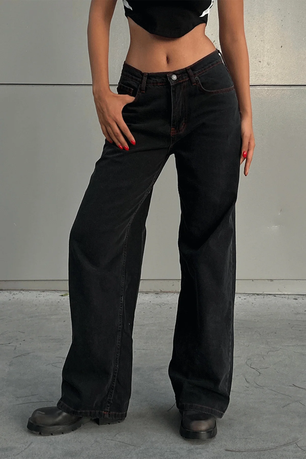 Siyah Double Fire Skull Kırmızı Dikişli Harajuku Baggy Pantolon