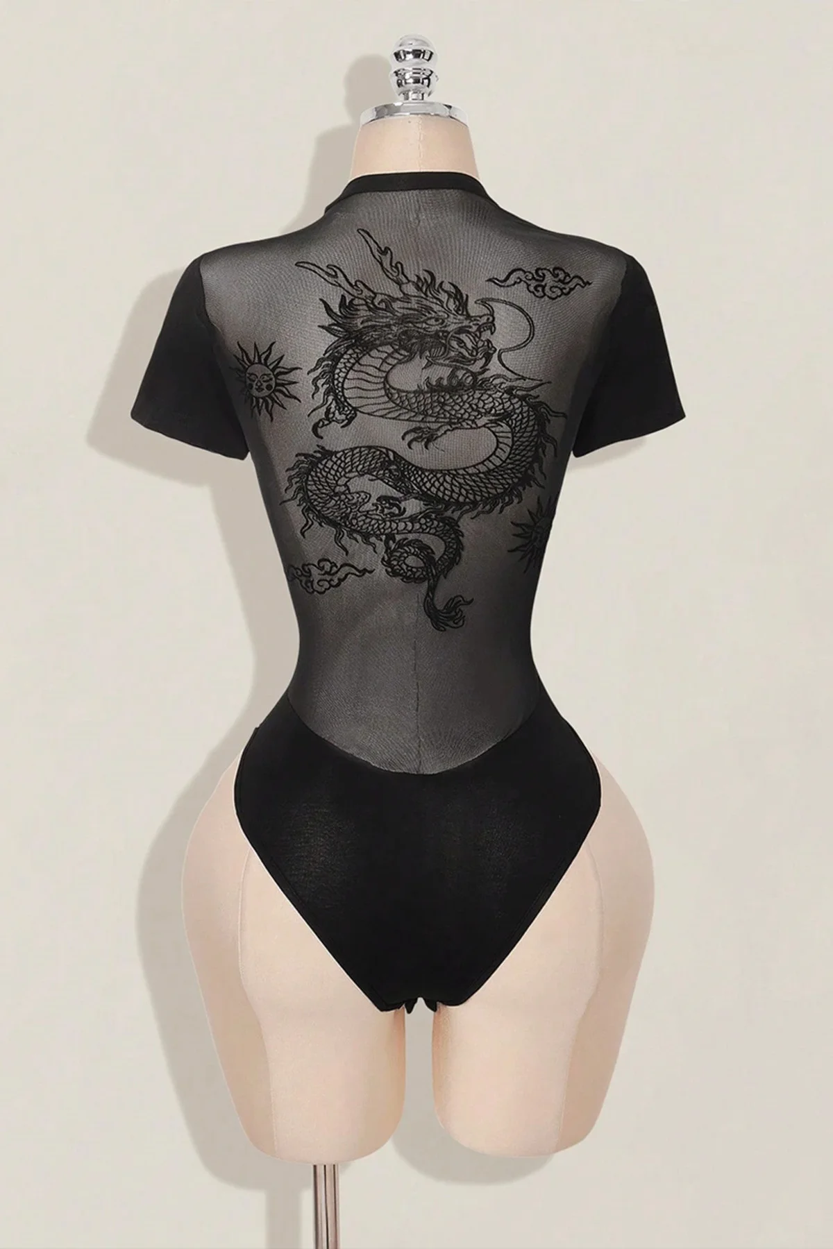 Siyah Dragon Baskılı Sırtı Transparan Kısa Kollu Çıtçıtlı Body