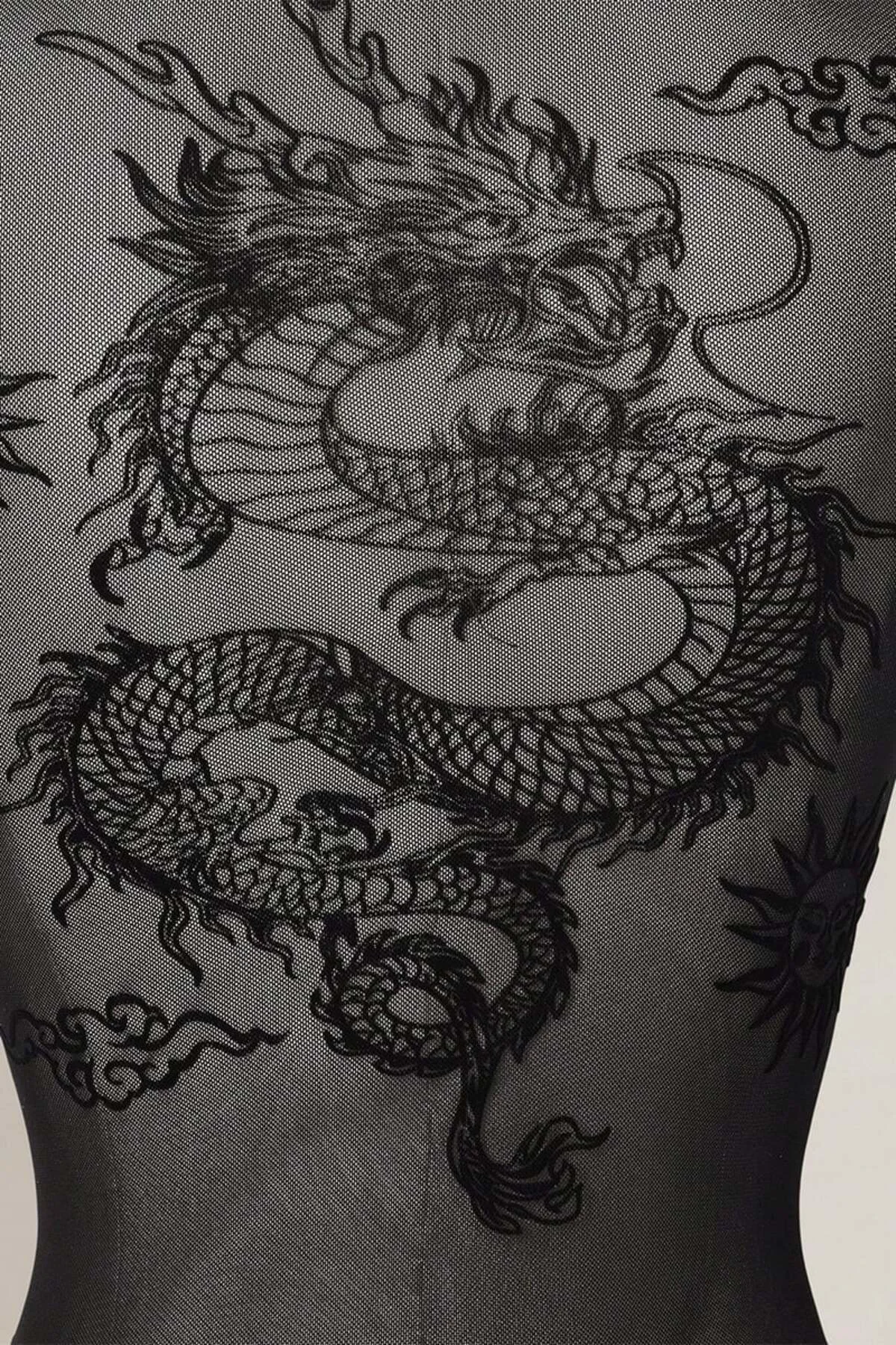 Siyah Dragon Baskılı Sırtı Transparan Kısa Kollu Çıtçıtlı Body