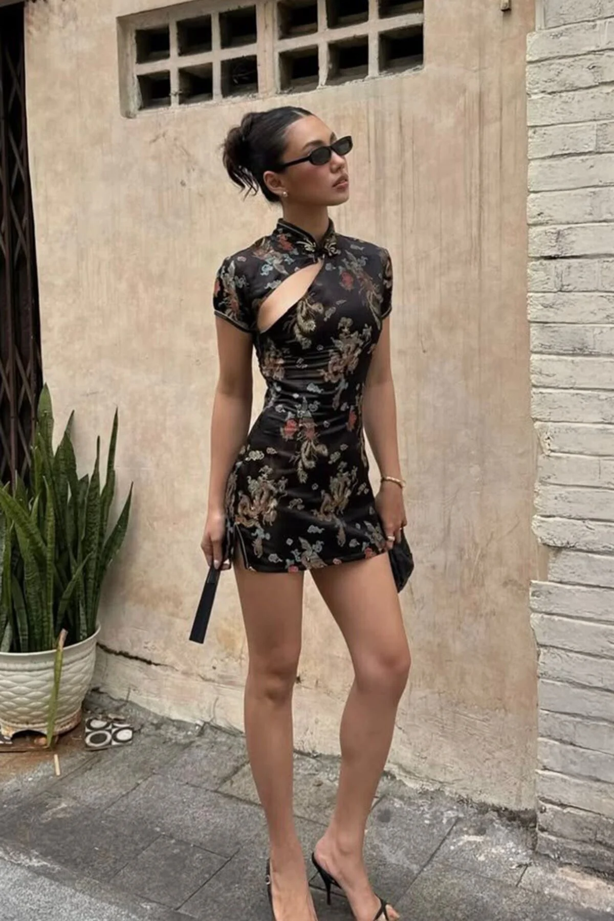 Siyah Dragon Desenli Qipao Y2K Elbise