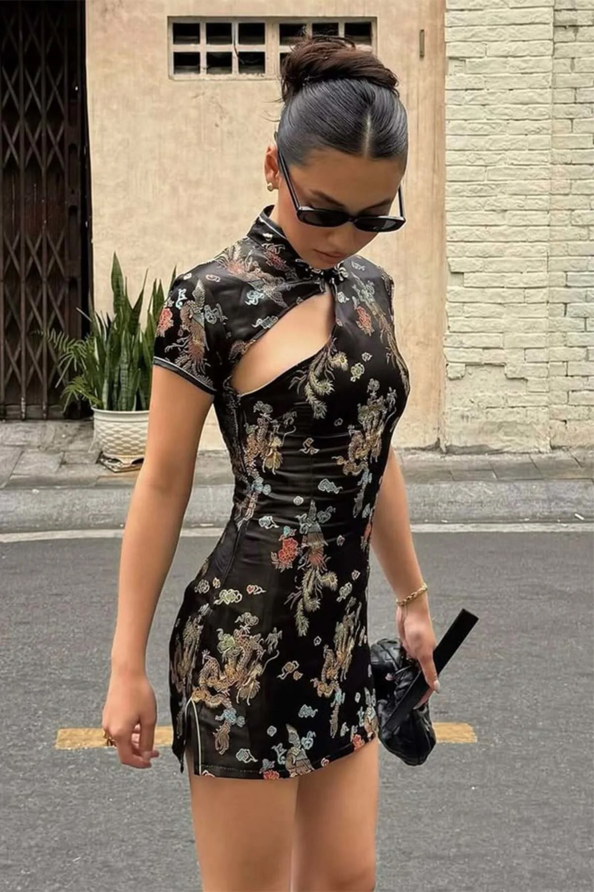 Siyah Dragon Desenli Qipao Y2K Elbise