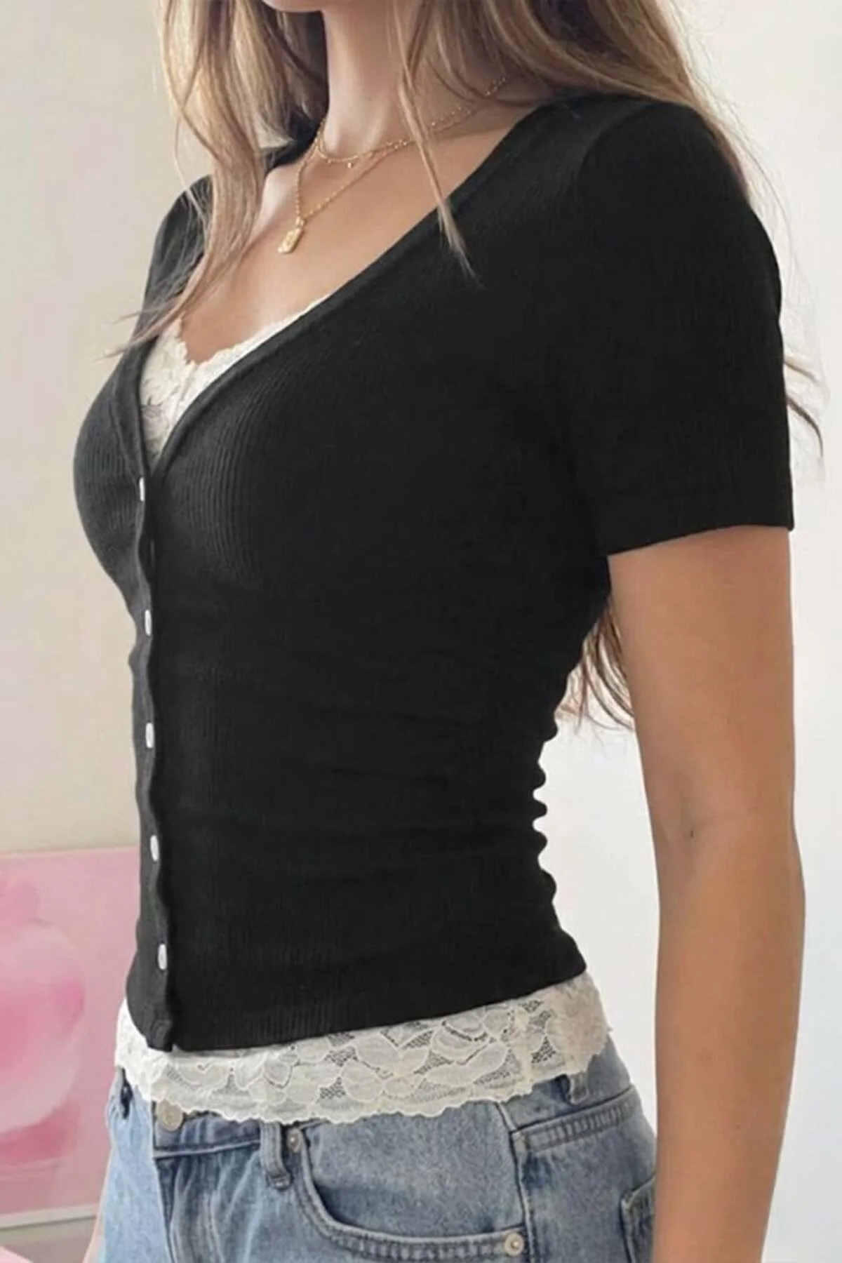 Siyah Düğmeli Dantel Yaka Ve Bel Detaylı Gotik Y2K Kısa Kollu Crop
